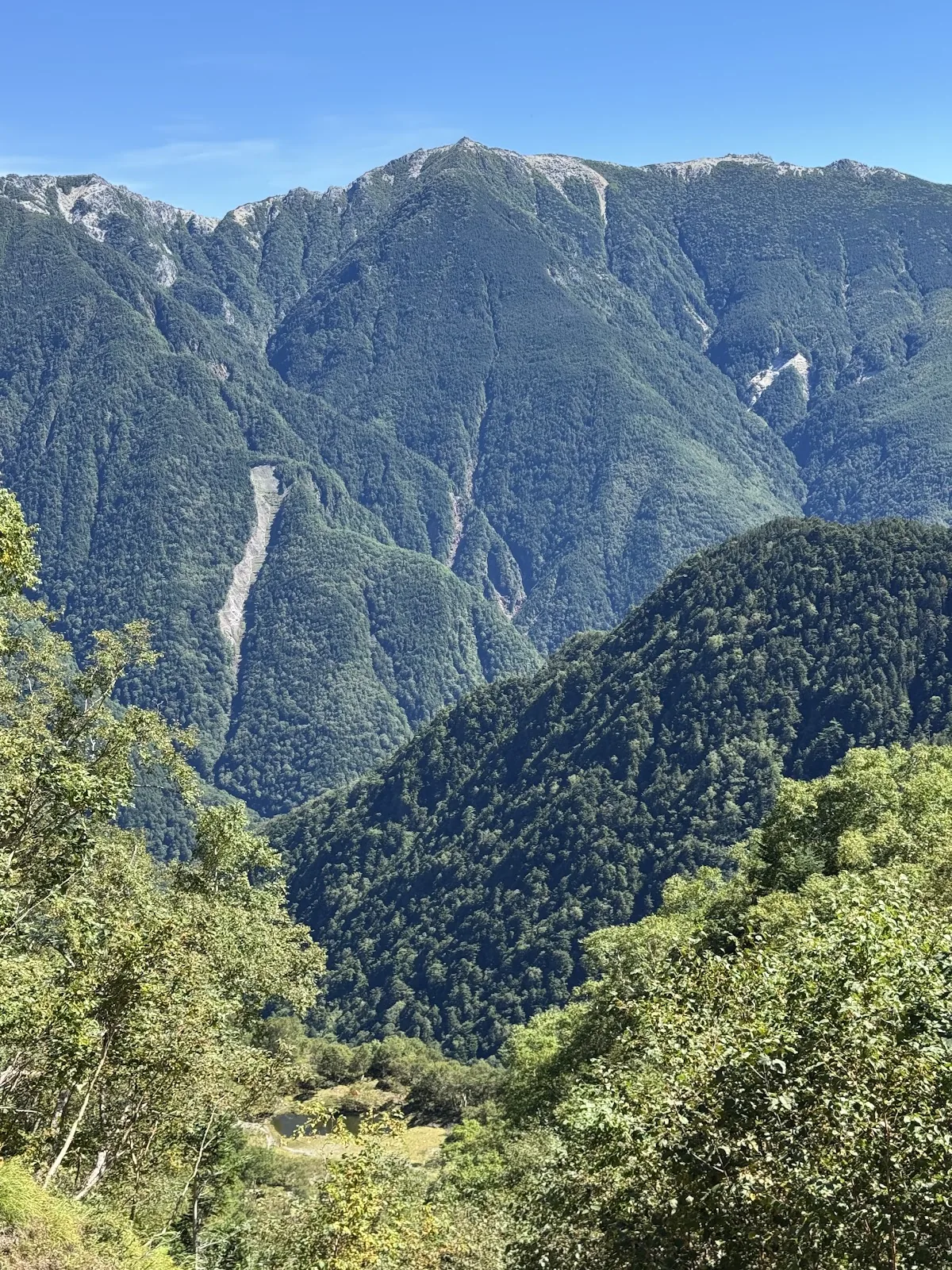 Panorama of a deep mountain valley and distant ridges